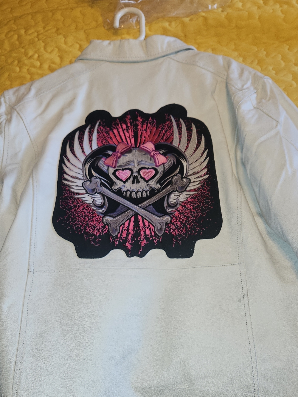 Billabong White Leather Jacket with Pink Skull Wing Patch
